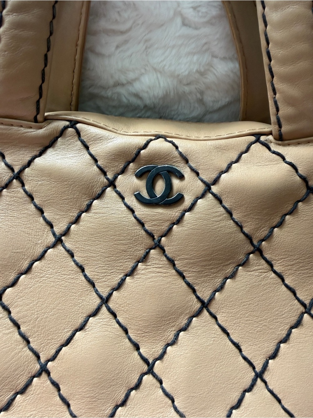 Vintage CHANEL Surpique Tan Wild Stitch Quilted Calfskin Bowler Bag from Paris - Picture 8 of 12